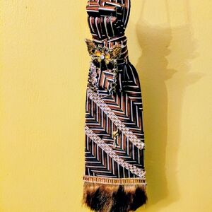 Elegant Brown and Black Necktie with Butterfly Accent, Real Mink Fur At The End